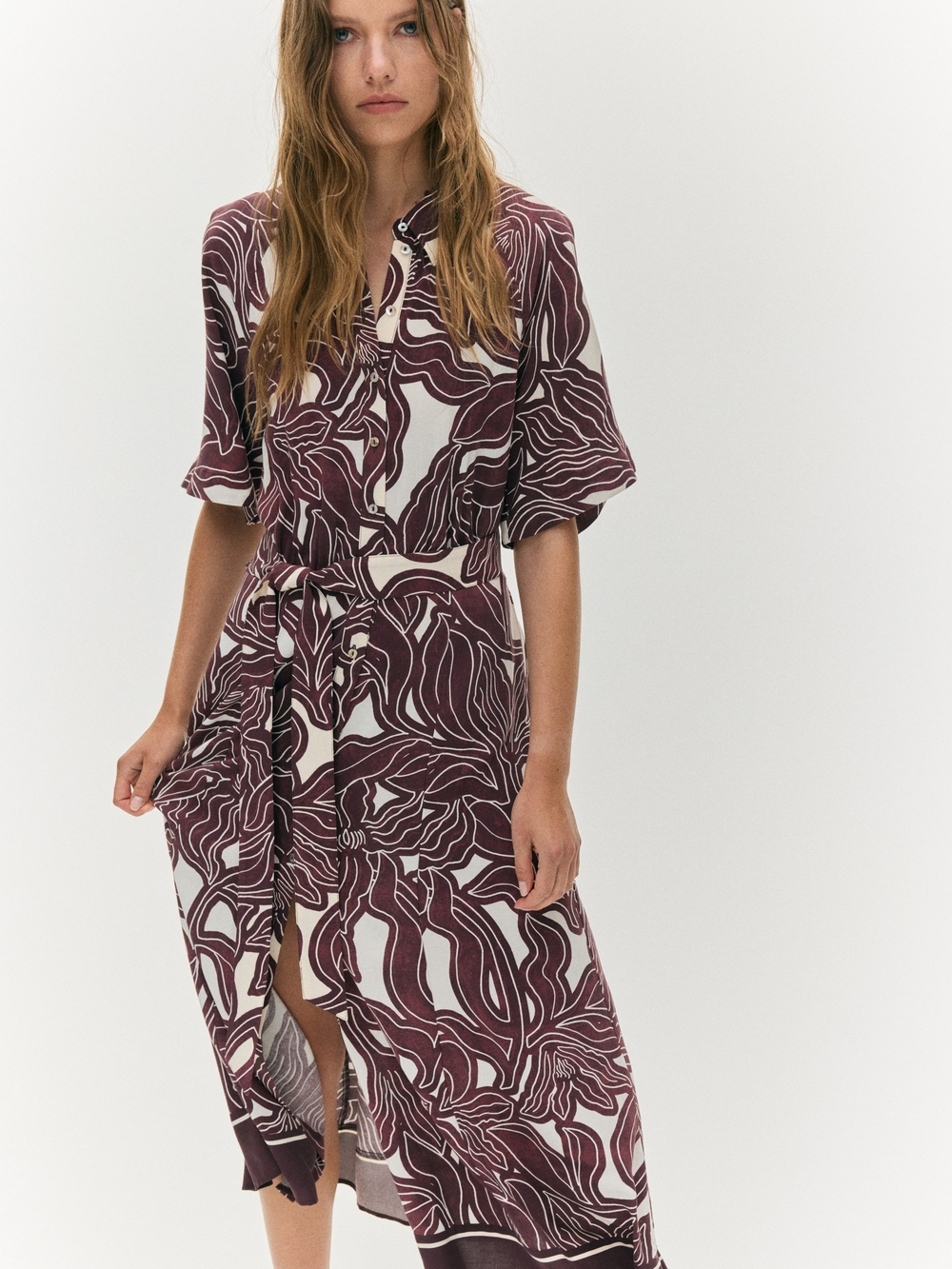 H&M Burgundy and Cream Abstract Print Button-Front Midi Dress